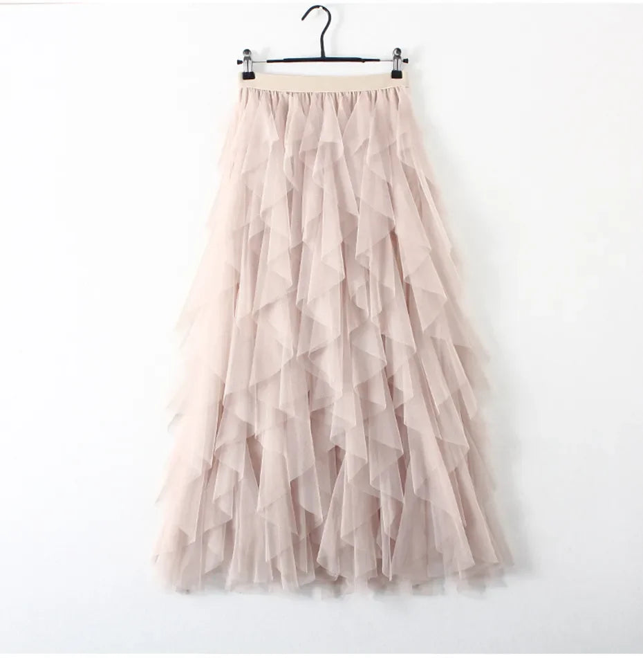 Women&#39;s Tutu Tulle Maxi Skirt: Cute High-Waist Pleated Fashion in Pink for 2024