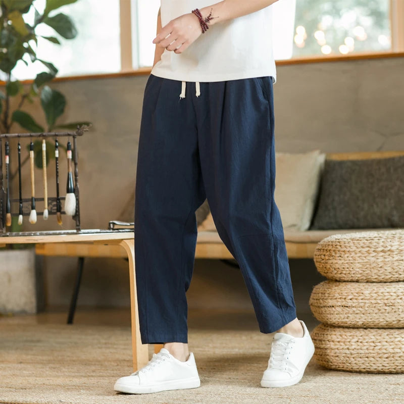 Men&#39;s Trousers Cotton Linen Fashion Casual Pants Solid Color Breathable Loose Shorts Straight Drawstring Pants Streetwear Men