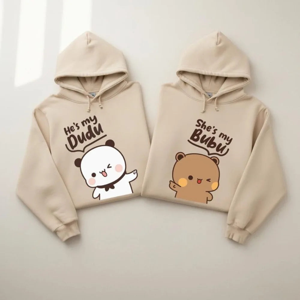 Bubu Dudu Bear Matching Couple Hoodies for Men and Women, Cute His and Hers Pullover Sweatshirts, Casual Fall Winter Outfit