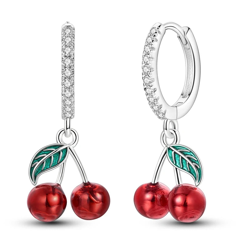Original 925 Sterling Silver Fruit Hoop Earrings for Women, Cute Cherry Strawberry and Mushroom Charm Earrings, Fashion Jewelry Gift