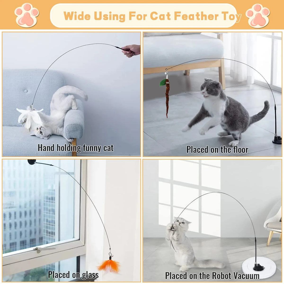 Interactive Feather Wand Cat Toys: Detachable Kit with Suction Cup and 2 Replacement Feathers