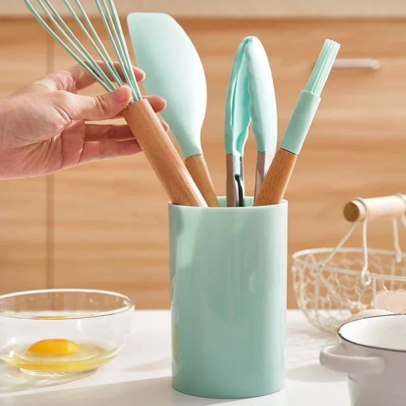 12 PCS Non-Stick Silicone Cookware Set: Kitchen Utensils with Wooden Handles – Includes Spatula, Shovel, and Egg Beaters