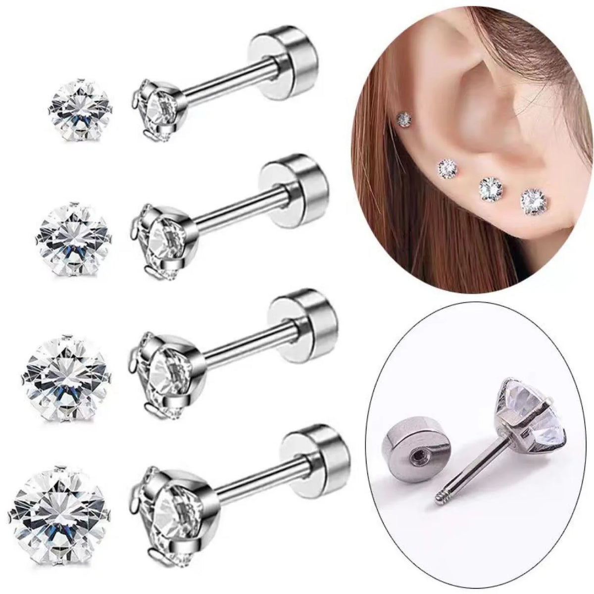 Stainless Steel Crystal Flat Stud Earrings – Round Cubic Zirconia Screw-Back for Tragus Piercing, Unisex Jewelry