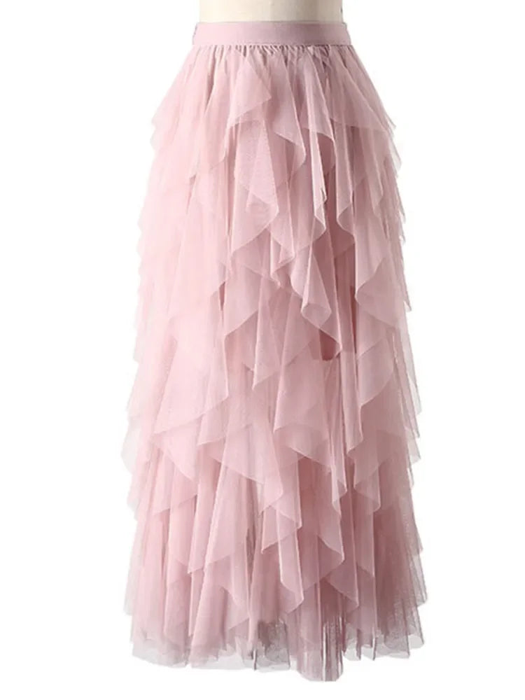 Women&#39;s Tutu Tulle Maxi Skirt: Cute High-Waist Pleated Fashion in Pink for 2024