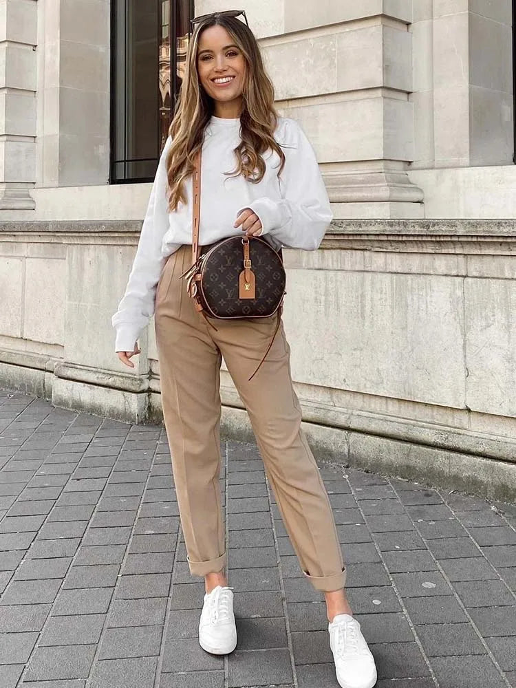 High-Waist Pencil Pants: Seam Detail Ankle Trousers for Autumn Office Wear