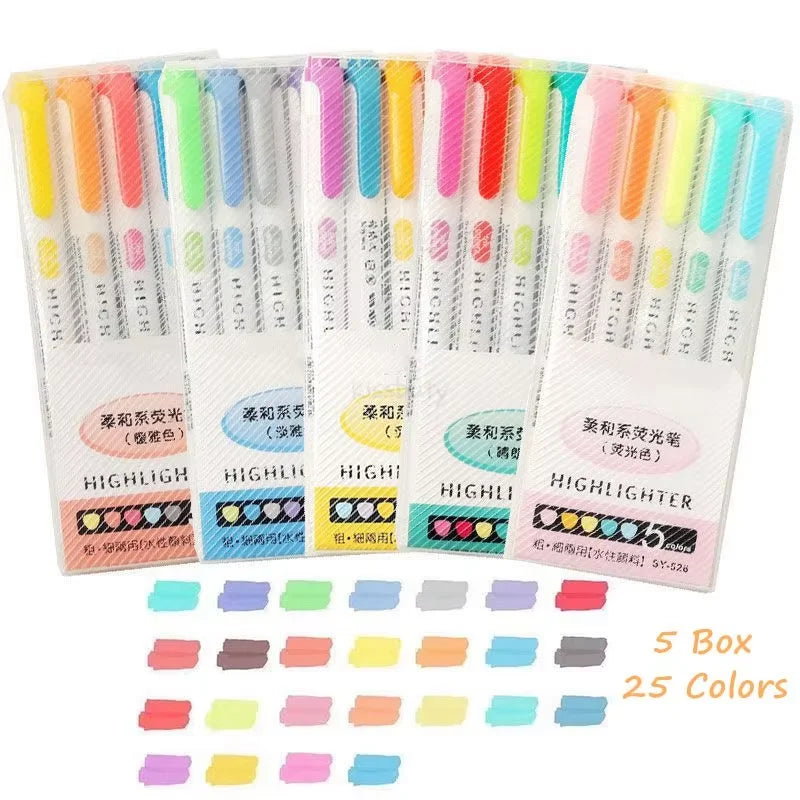 Double-Headed Highlighter Pen Set - 5/15/25 Colors for School and Office