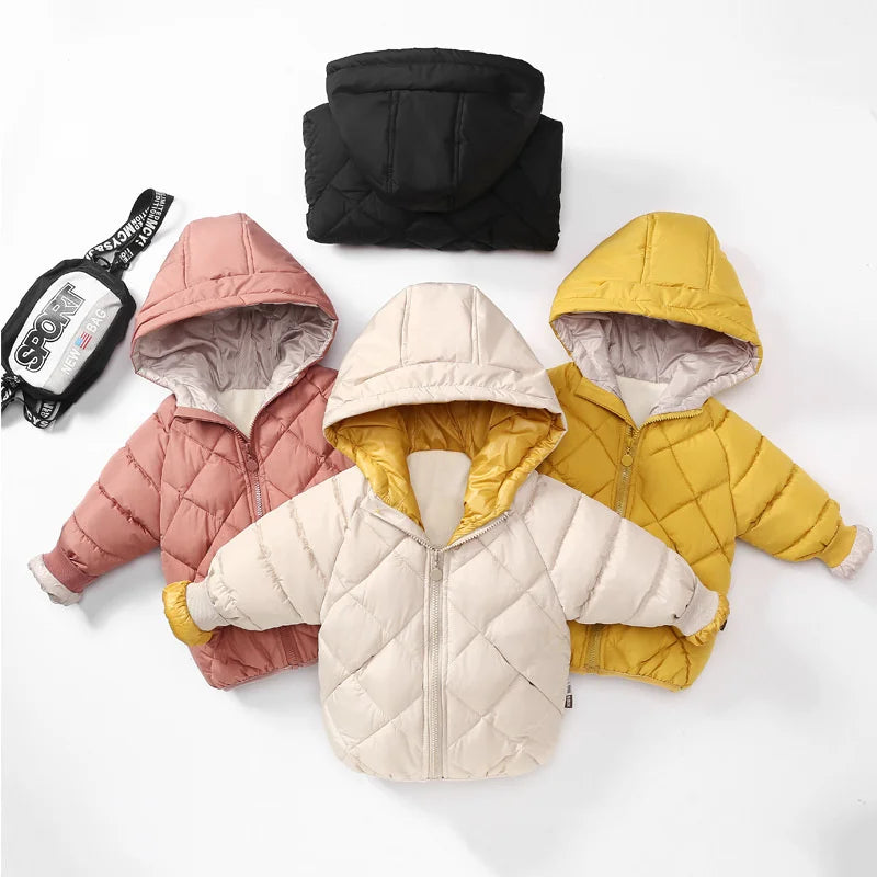 Spring New Children’s Down Jackets – Thick Warm Hooded Coats for Boys and Girls, Fashionable Outerwear for Ages 3-8 Years