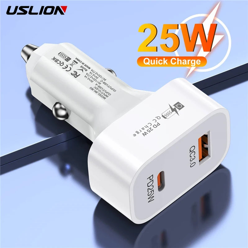 USLION 25W USB-C Car Charger – Quick Charge QC3.0, PD3.0 Fast Charging for iPhone 14, Samsung, Xiaomi