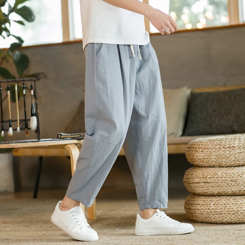 Men&#39;s Trousers Cotton Linen Fashion Casual Pants Solid Color Breathable Loose Shorts Straight Drawstring Pants Streetwear Men