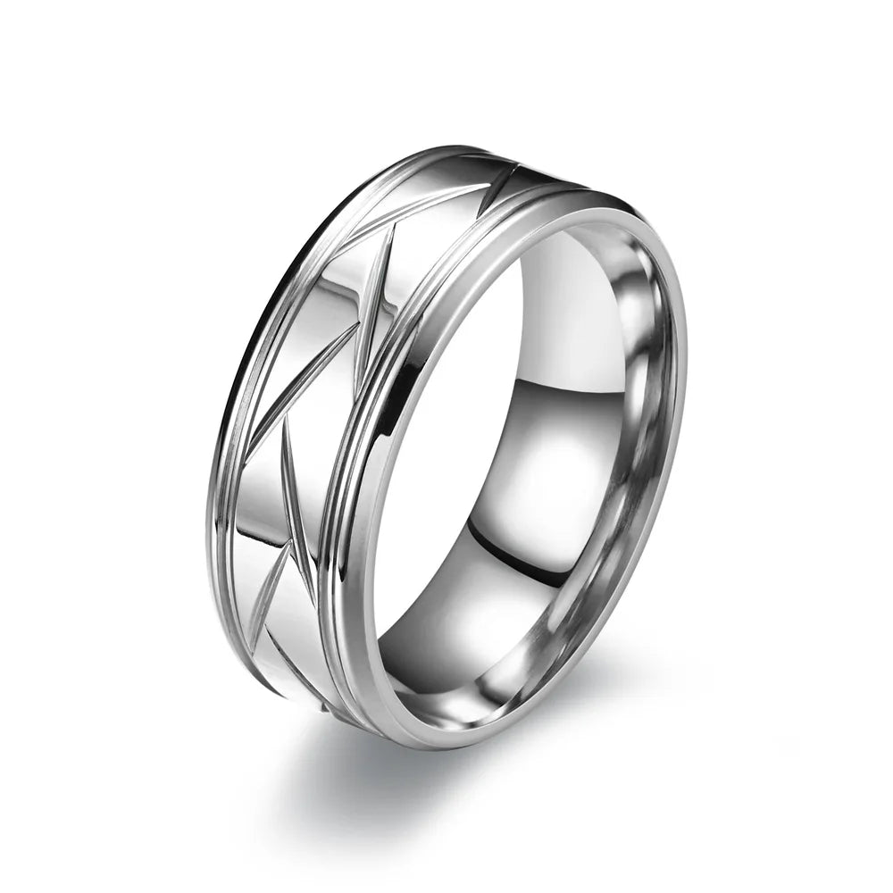 Men&#39;s Multi-Faceted Silver &amp; Black Stainless Steel Ring – Grooved Design for Engagement or Anniversary Gifts