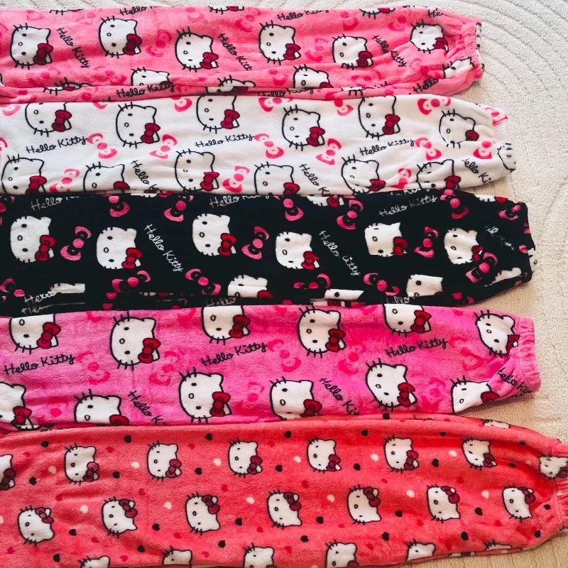 Sanrio Hello Kitty Y2K Kawaii Flannel Pajamas – Women’s Warm Woolen Cartoon Casual Home Pants, Autumn and Winter Fashion Trousers