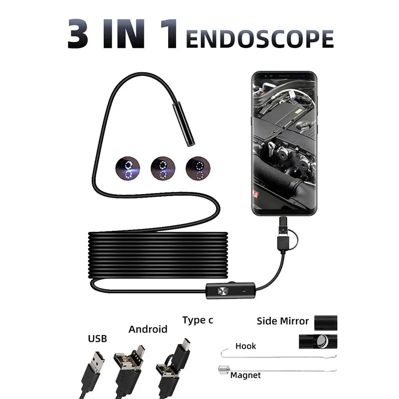 7MM Android Endoscope Camera – 3-in-1 USB/Micro USB/Type-C, IP67 Waterproof for Smartphones &amp; Computers