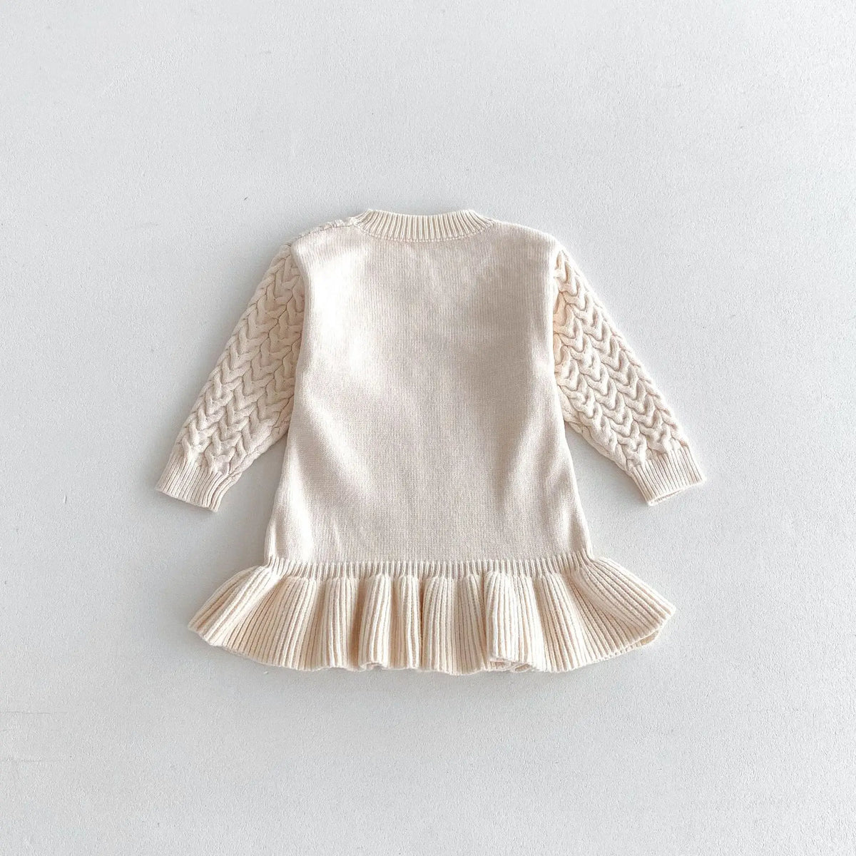 Autumn and Winter Korean Girls Sweater Dress – Long Sleeve Knitted Ruffle Dress with Twist Design and Round Neck