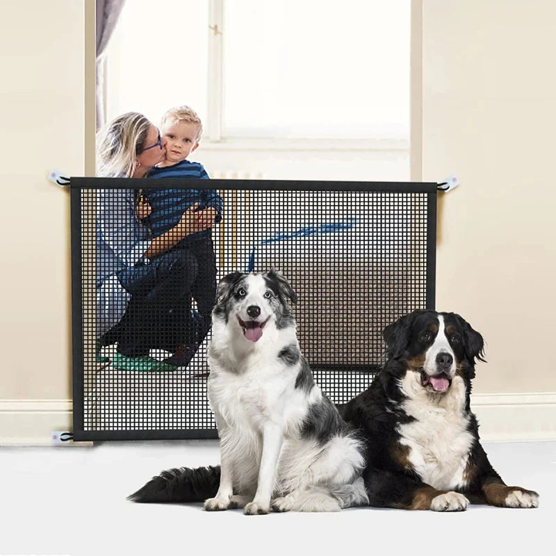 Folding Pet Dog Barrier Fence: Breathable Mesh Playpen with 4 Hooks for Stair Safety