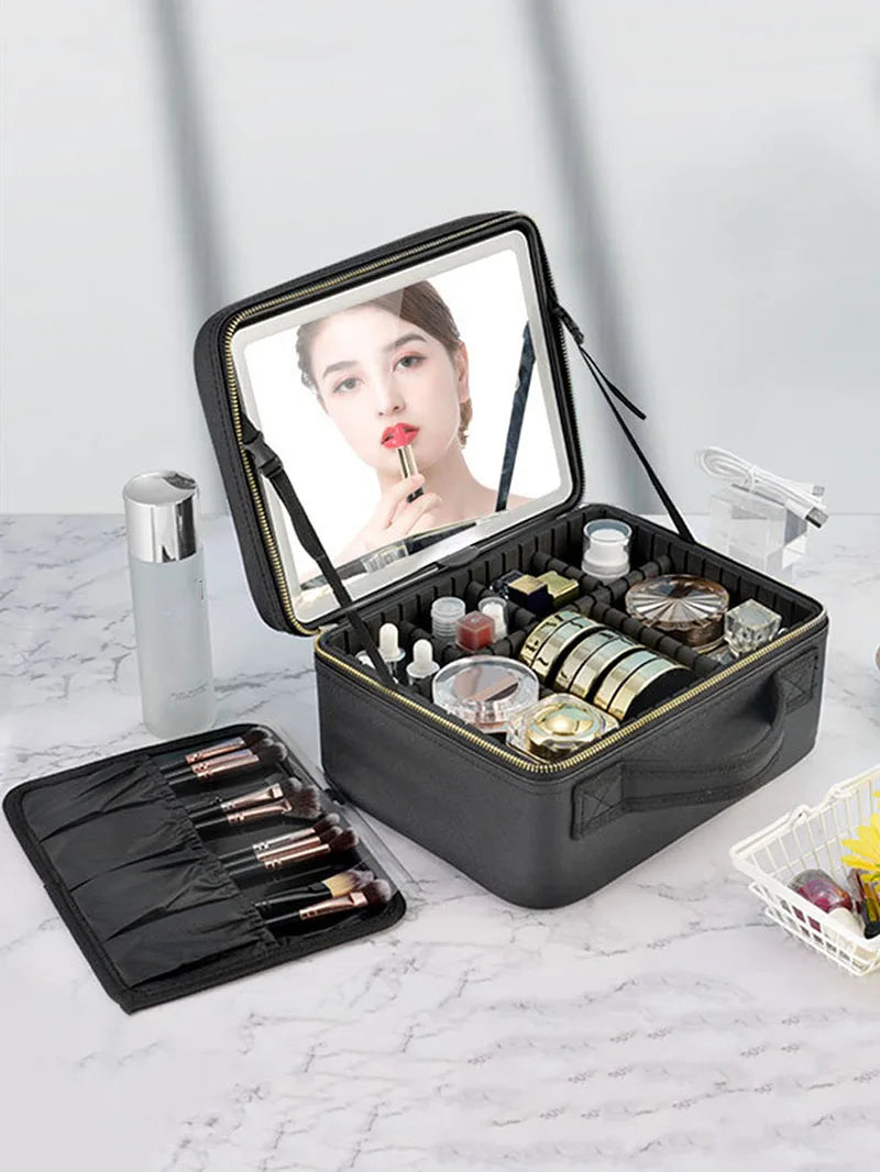 Smart LED Makeup Case with Mirror - Large Capacity Travel Cosmetic Bag