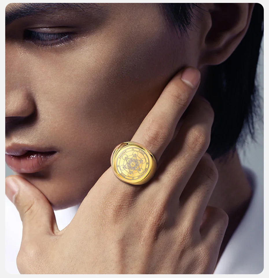 Vnox Vintage Seven Seals of Angels Ring for Men, Stainless Steel Metatron Cube Triquetra Stamp Ring, Chunky Punk Fashion Jewelry