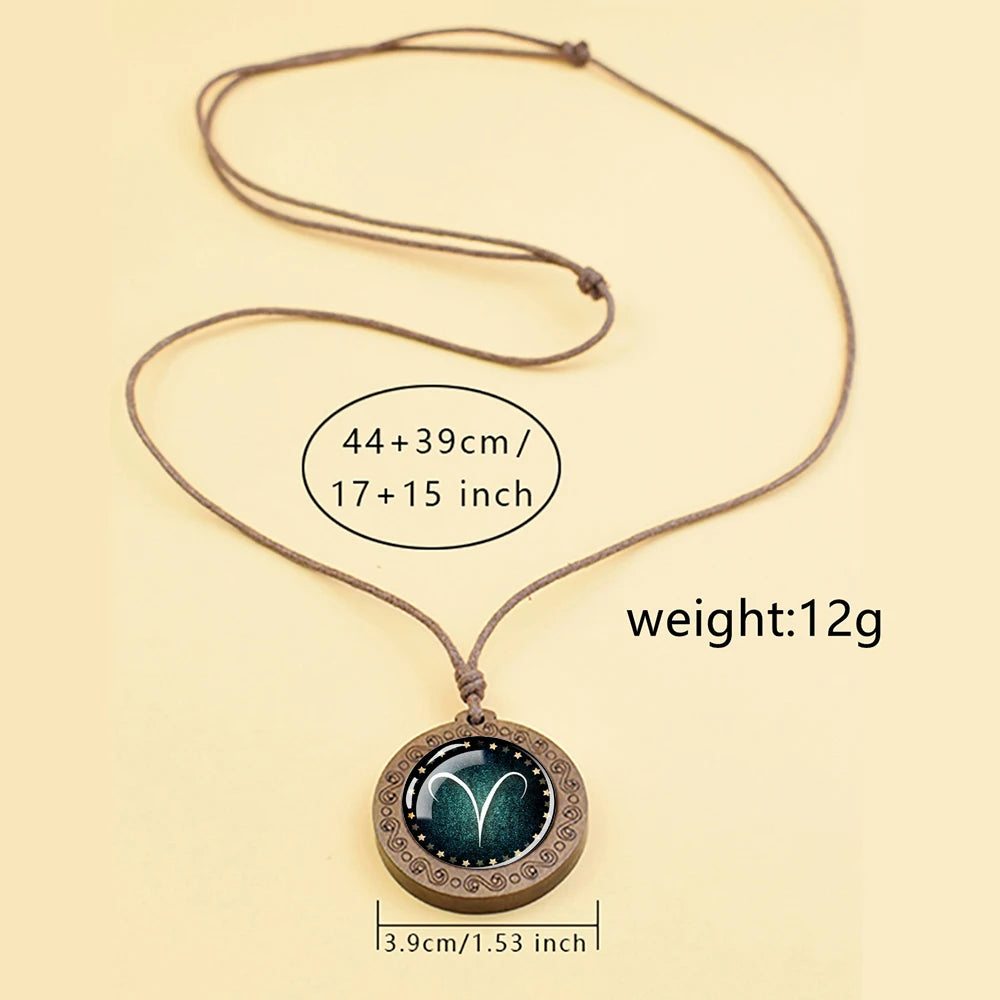 12 Zodiac Signs Constellation Necklace – Vintage Glass Dome Wood Pendant with Rope Chain for Men and Women, Perfect Birthday Gift