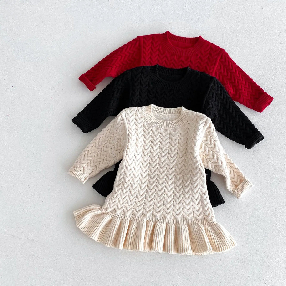 Autumn and Winter Korean Girls Sweater Dress – Long Sleeve Knitted Ruffle Dress with Twist Design and Round Neck