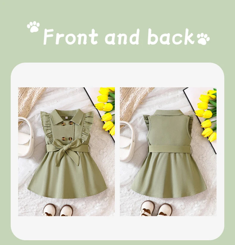 Wholesale Kids Girls Retro Solid Color Trench Dress – Belted, Double-Breasted Elegant Summer Baby Dress