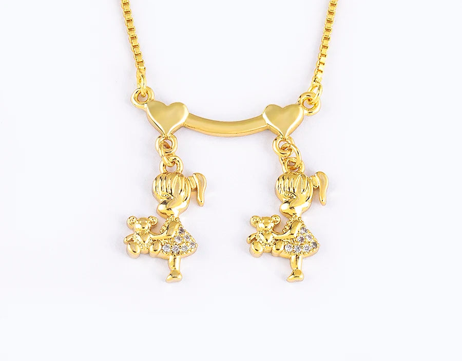 Nidin Gold-Plated Mom and Daughter Pendant Necklace with Cubic Zirconia, Elegant Mother's Day Jewelry Gift