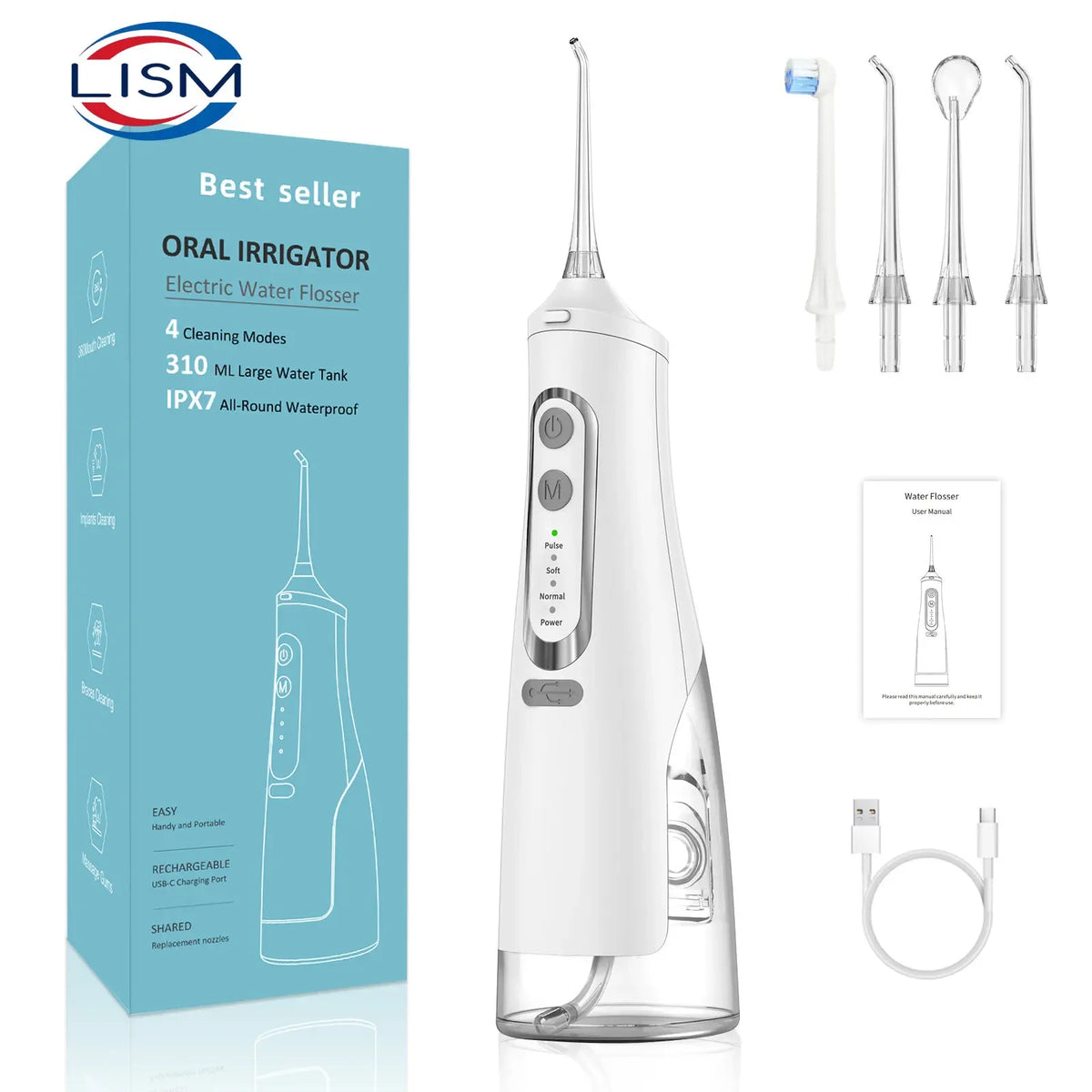 USB Rechargeable Oral Irrigator - Portable Water Flosser with 310ML Tank, IPX7 Waterproof Teeth Cleaner for Travel