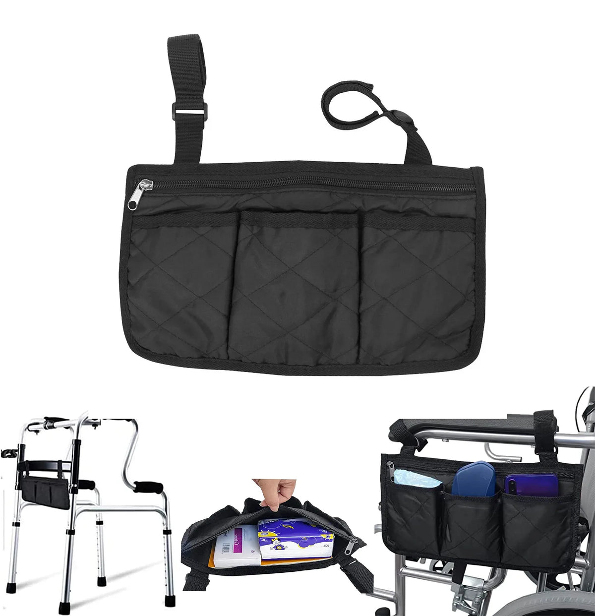 Wheelchair Armrest Bag: Multi-Pocket Side Storage Bag with Reflective Strip – Convenient Wheelchair Hanging Organizer