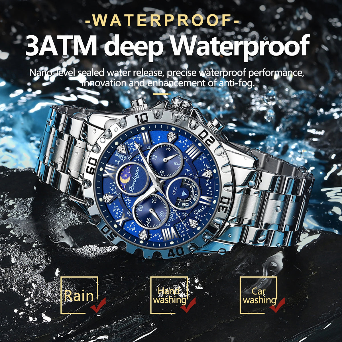 Luxury Men&#39;s Sports Watch – Waterproof Quartz Chronograph with Luminous Stainless Steel Design