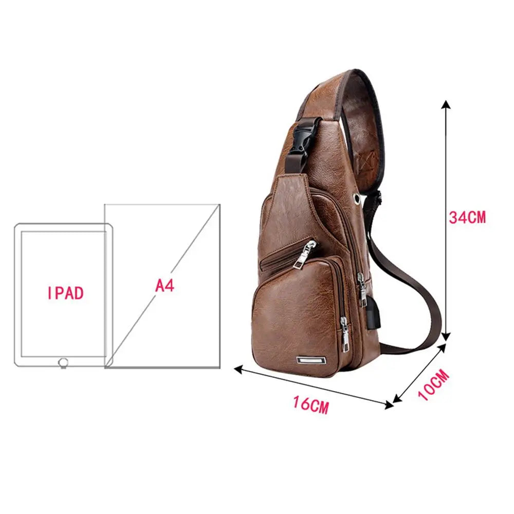 Men&#39;s Casual Chest Bag - PU USB Charging Shoulder Bag for Outdoor Sports