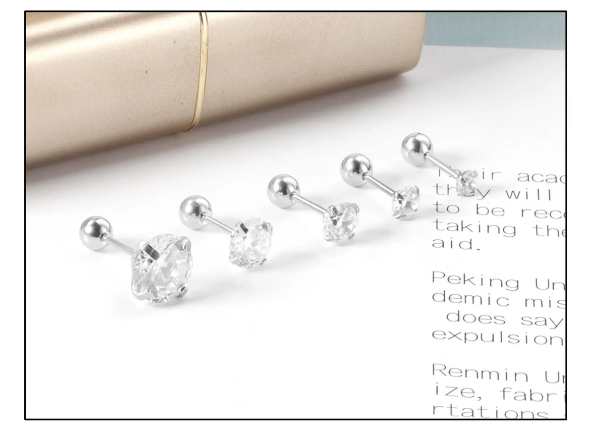 Shiny Crystal Zircon Stud Earrings – Round Beads with Screw Back, Stainless Steel, Available in 3-8mm for Men and Women