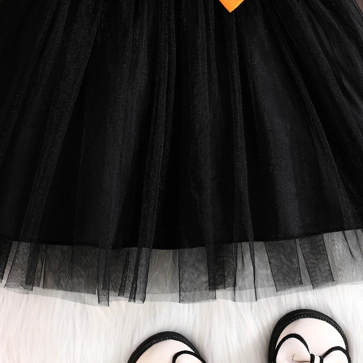 Toddler Girls Halloween Dress – Long Sleeve Tulle Dress with Pumpkin Prints and Bowknot, Perfect for Autumn and Winter Princess Looks