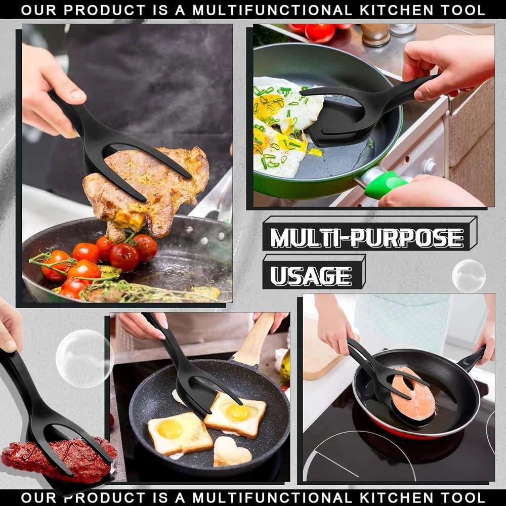 2-in-1 Grip Flip Spatula Tongs: Non-Stick Nylon Egg Flipper for Pancakes, Fish, French Toast, and Omelets