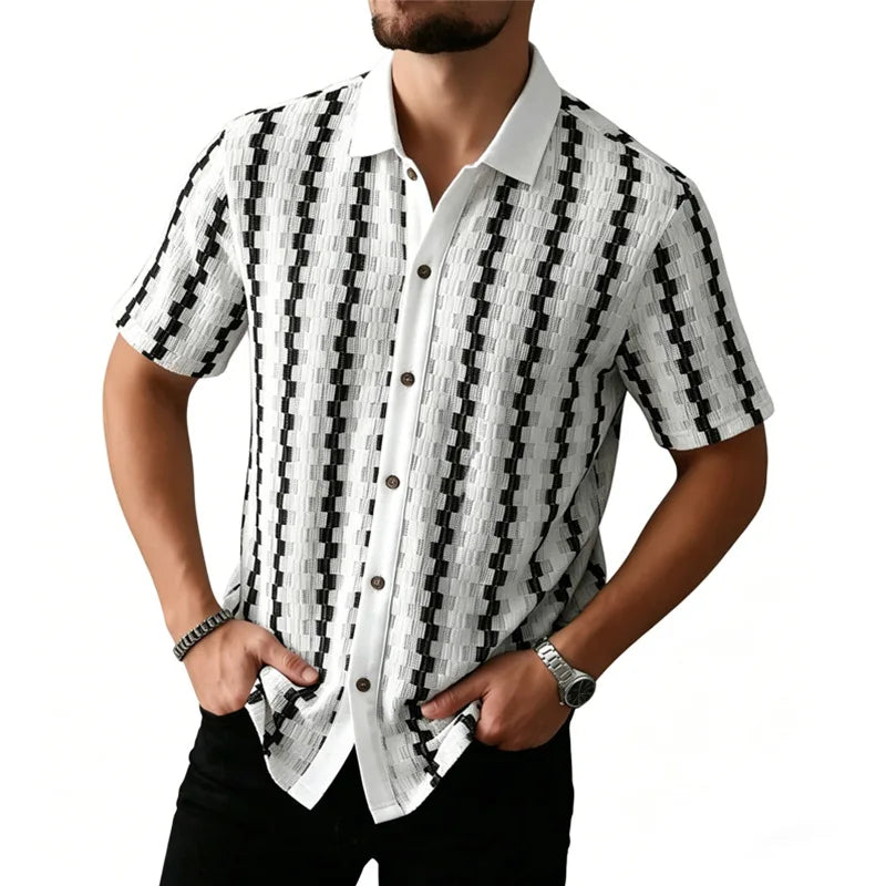 Men's Vintage Plaid Knit Shirt, Breathable Textured Short Sleeve Button-Up, Casual Summer Vacation Wear