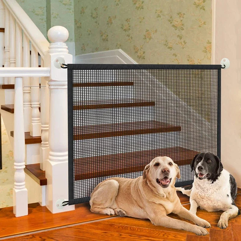 Folding Pet Dog Barrier Fence: Breathable Mesh Playpen with 4 Hooks for Stair Safety