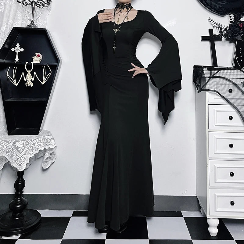 Women&#39;s Gothic Bat Sleeve Mermaid Dress: Addams Family Inspired Elegance