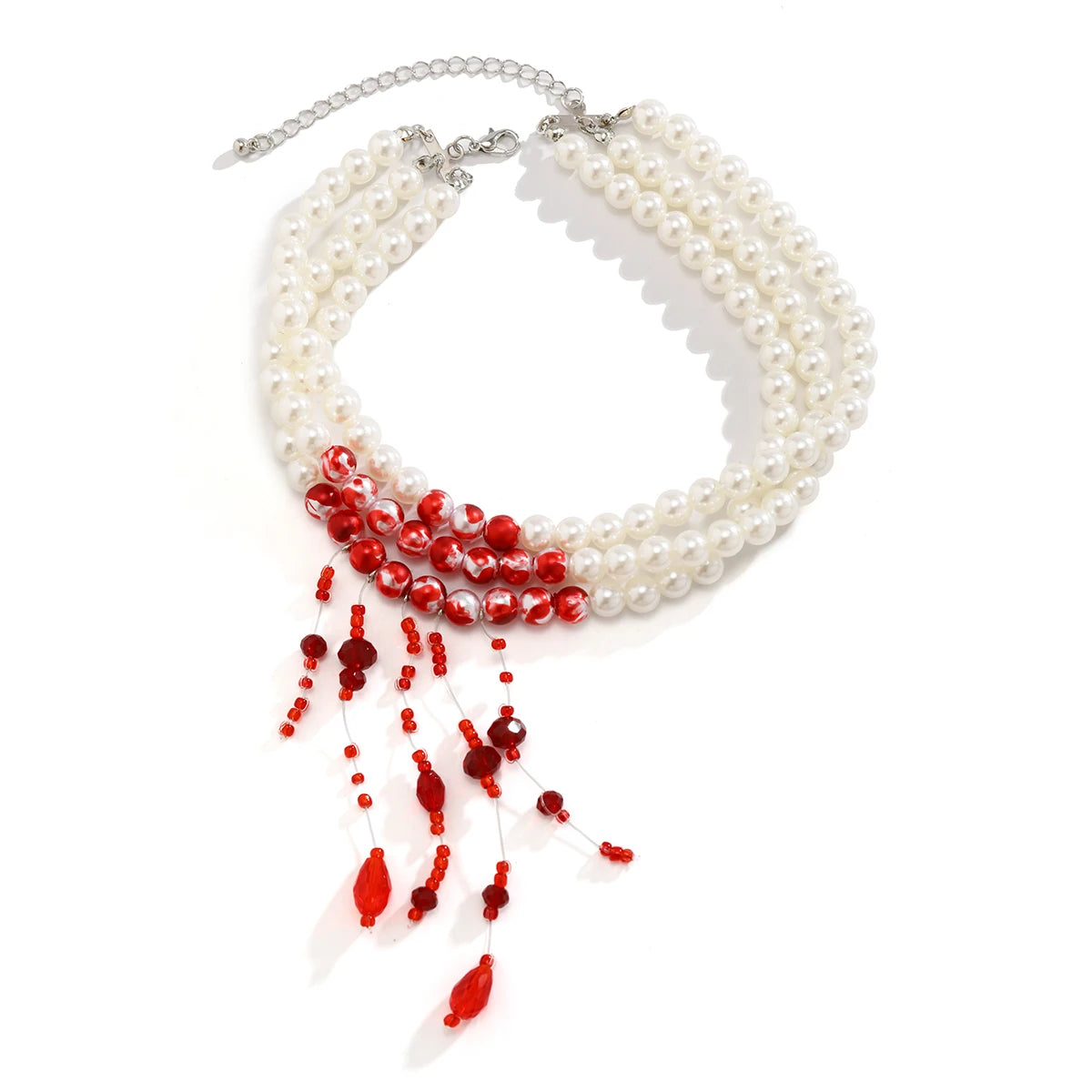 Multilayer Gothic Red Blood Tassel Necklace – Imitation Pearl &amp; Crystal Bead Pendant for Women, Perfect Halloween Jewelry