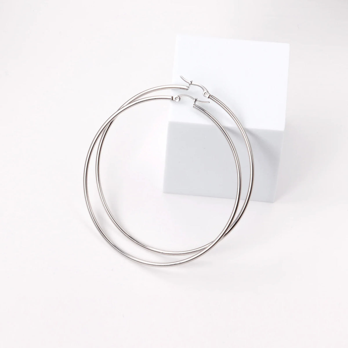 LUXUSTEEL 2PCS Stainless Steel Hoop Earrings – 10-70mm Silver-Tone Huggies for Men &amp; Women, Small to Large Circle Earrings