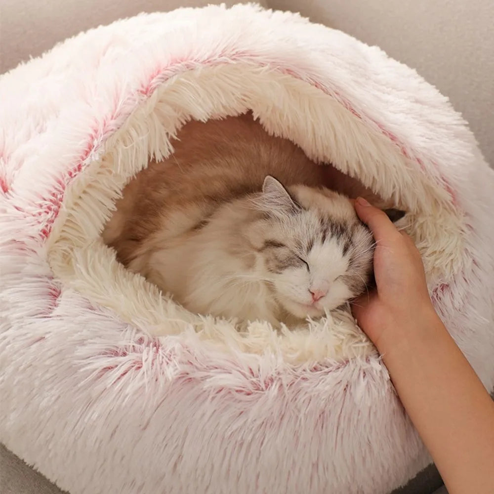 Warm Plush Pet Bed: Enclosed Round Cushion and Sleep Bag for Small Cats and Pets