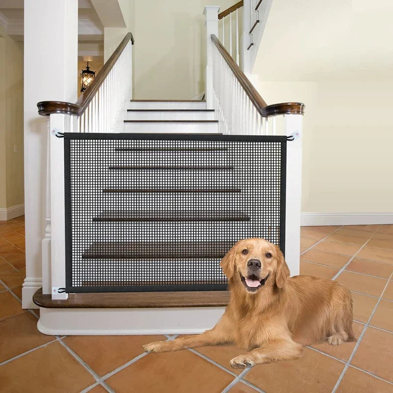 Folding Pet Dog Barrier Fence: Breathable Mesh Playpen with 4 Hooks for Stair Safety