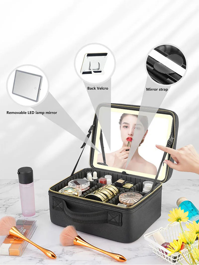 Smart LED Makeup Case with Mirror - Large Capacity Travel Cosmetic Bag