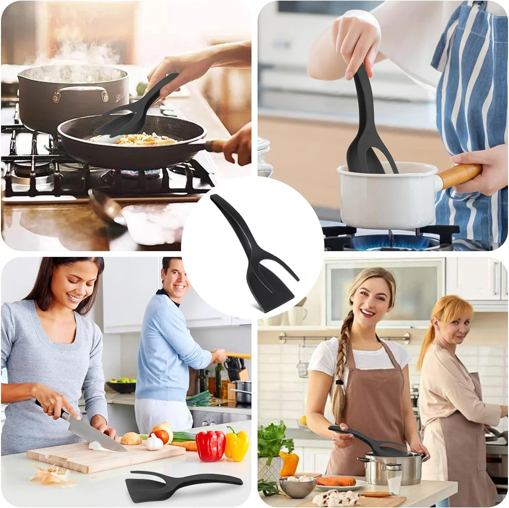 2-in-1 Grip Flip Spatula Tongs: Non-Stick Nylon Egg Flipper for Pancakes, Fish, French Toast, and Omelets