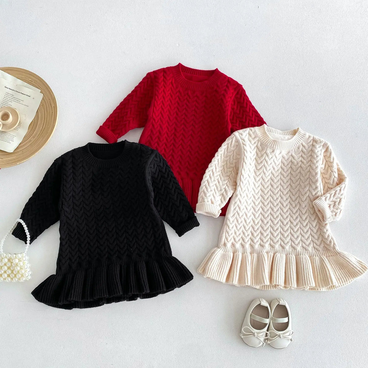 Autumn and Winter Korean Girls Sweater Dress – Long Sleeve Knitted Ruffle Dress with Twist Design and Round Neck