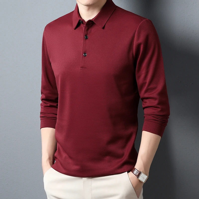 Men&#39;s Business Casual Polo Long Sleeve T-shirt Summer Comfortable  Solid Cotton Top