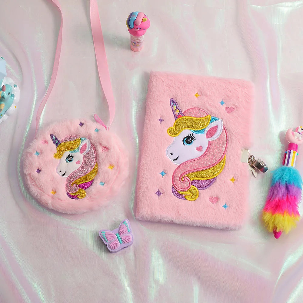 2PC Cartoon Unicorn Crossbody Bag - Cute Plush Shoulder Bag for Kids, Ideal for School &amp; Holidays