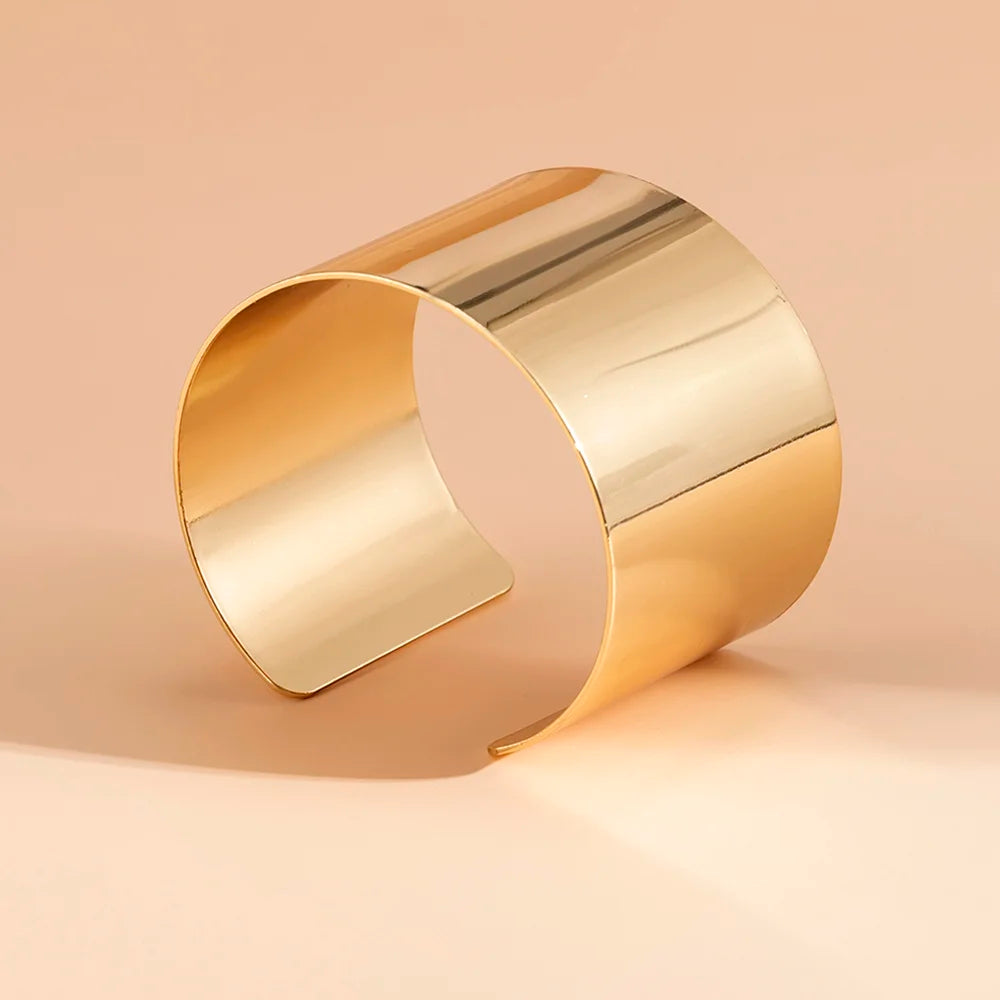 Lacteo Gold Color Smooth Wide Cuff Bracelet – Simple Open Big Bangle for Women