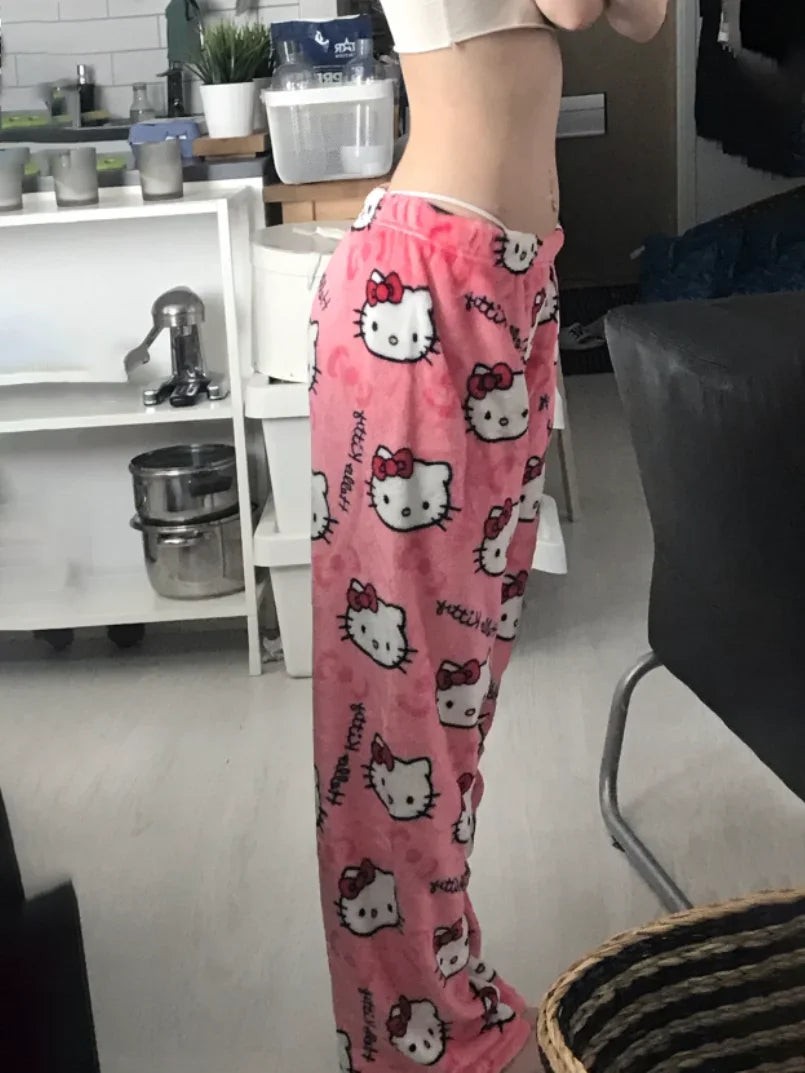 Sanrio Hello Kitty Y2K Kawaii Flannel Pajamas – Women’s Warm Woolen Cartoon Casual Home Pants, Autumn and Winter Fashion Trousers