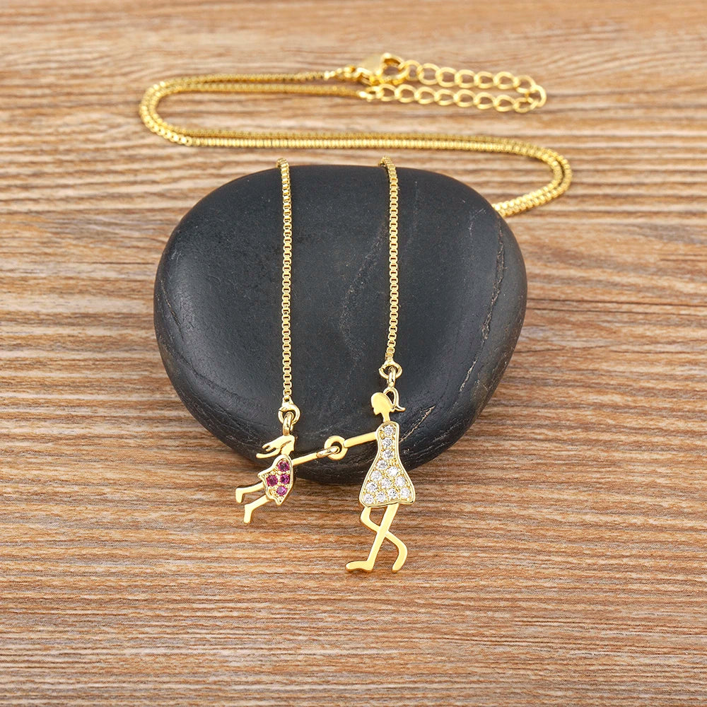 Nidin Gold-Plated Mom and Daughter Pendant Necklace with Cubic Zirconia, Elegant Mother's Day Jewelry Gift
