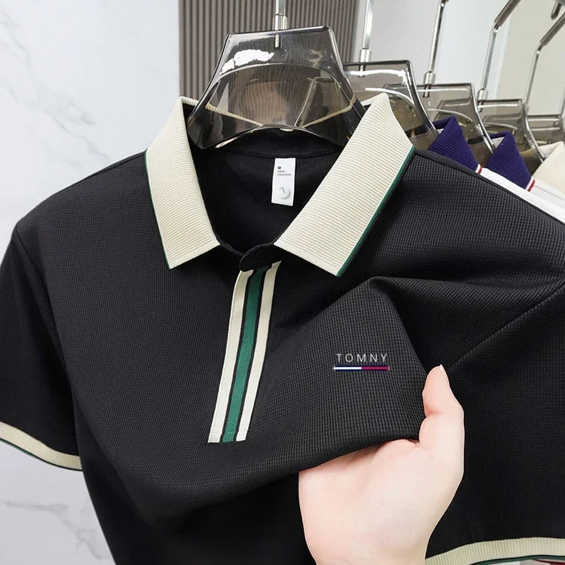 Men's Luxury Ice Silk Polo Shirt, Breathable Short Sleeve Business Casual Golf T-Shirt for Summer