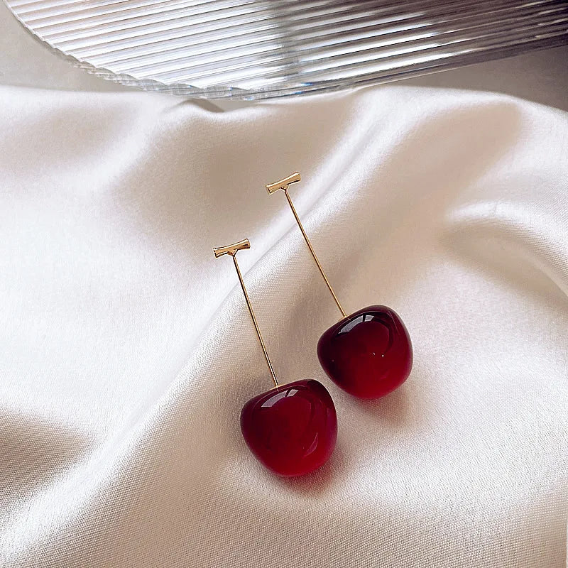 Sweet Red Cherry Earrings – Delicate Fruit Design Drop Dangle Earrings for Women, Perfect for Weddings and Parties