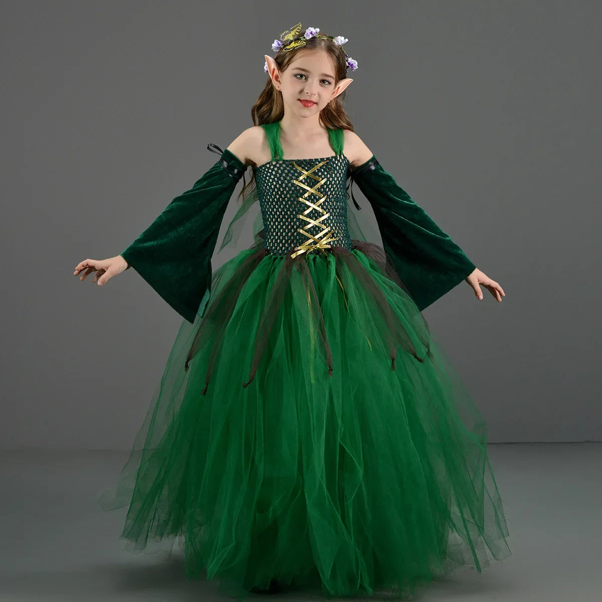 Kids Forest Elf Dress-Up Costume – Green Princess Outfit with Ears for Girls, Perfect for Stage Performance and Halloween