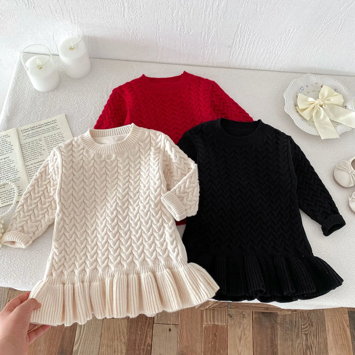 Autumn and Winter Korean Girls Sweater Dress – Long Sleeve Knitted Ruffle Dress with Twist Design and Round Neck